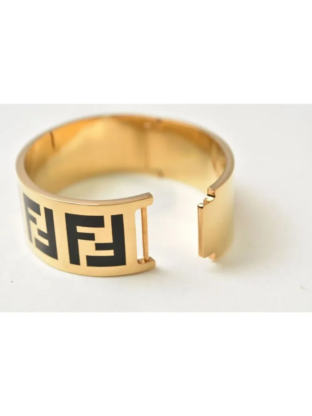 Fendi Bangle Bracelet FF Logo Black Gold Metal